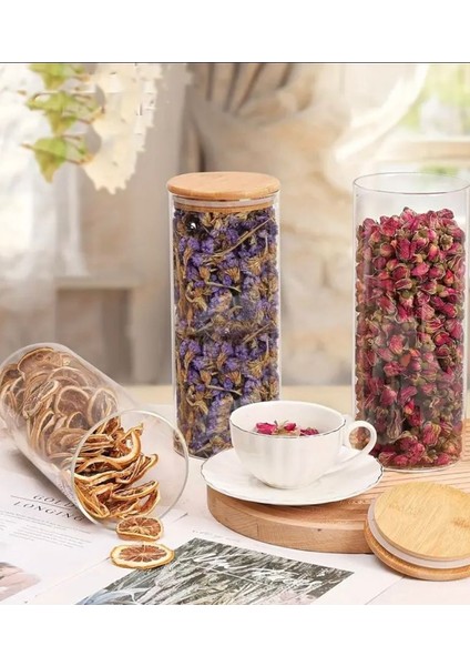 3 Adet 1100 ml Bambu Kapaklı Lüks Yuvarlak Bakliyat Seti ve Kavanozu