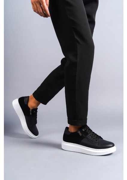 ET155 Warrior Bağcıklı ve Fermuarlı Cilt Süet Erkek Günlük Sneaker Ayakkabı Bt - Siyah