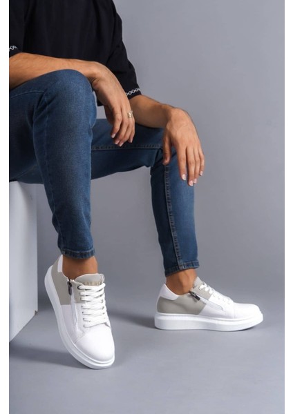 ET155 Warrior Bağcıklı ve Fermuarlı Cilt Süet Erkek Günlük Sneaker Ayakkabı Bt - Beyaz/gri