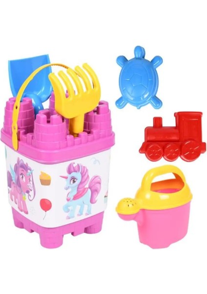 Büyük Boy 8 Parça Kare Unicornlu Kale Kız Çocuk Plaj Deniz Kum Kova Seti Kürek Tırmık Suluk Set