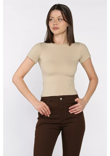 Kadın Bisiklet Yaka Likralı Modal Kumaş Crop Top Bluz P-00016175