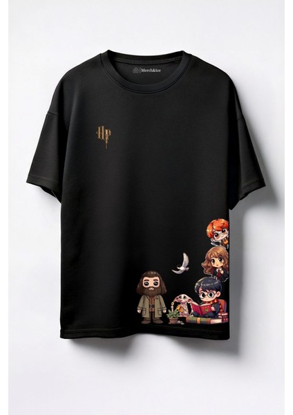 Hp Ailesi Baskılı Unisex Oversize T-Shirt Siyah