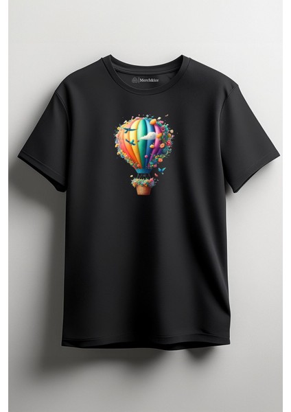 Çiçekli Çok Renkli Uçan Hava Balonu Baskılı Unisex T-Shirt Siyah