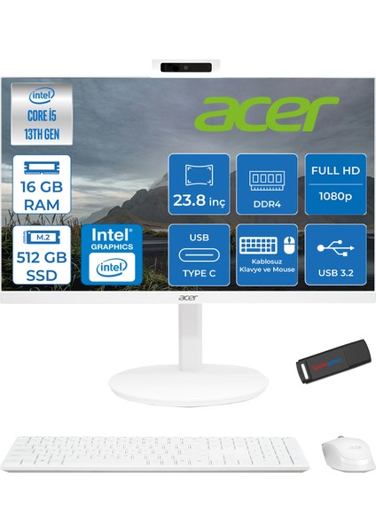 Aspire C24 MD24J01 Intel Core I5 1334U 16GB Ram 512GB SSD Freedos Iris® Xe Graphics 23.8" Fullhd All In One Bilgisayar DQBNCEM003F07 + Zetta Flash Bellek