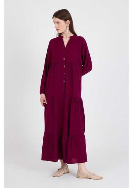 Bordo %100 Pamuk Düğmeli Kat Etekli Uzun Kollu Elbise 4782A