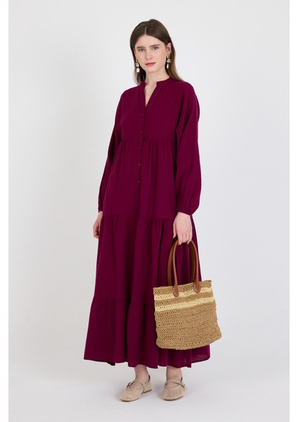 Bordo %100 Pamuk Düğmeli Kat Etekli Uzun Kollu Elbise 4782A fiyatları