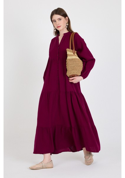Bordo %100 Pamuk Düğmeli Kat Etekli Uzun Kollu Elbise 4782A modelleri