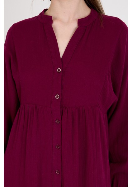 Bordo %100 Pamuk Düğmeli Kat Etekli Uzun Kollu Elbise 4782A fırsatları