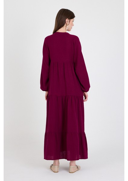 Bordo %100 Pamuk Düğmeli Kat Etekli Uzun Kollu Elbise 4782A indirimleri