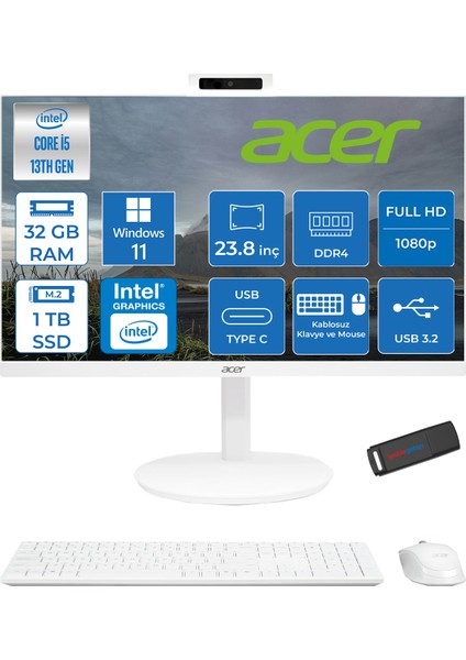 Aspire C24 MD24J01 Intel Core I5 1334U 32GB Ram 1tb SSD Windows 11 Home Iris® Xe Graphics 23.8" Fullhd All In One Bilgisayar DQBNCEM003H18 + Zetta Flash Bellek