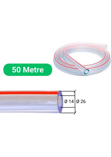 Süt Sağma Makinesi Universal Tekli Süt Hortumu (Şeffaf-Kırmızı Çizgili Ø14 x Ø26 mm 50 Metre)