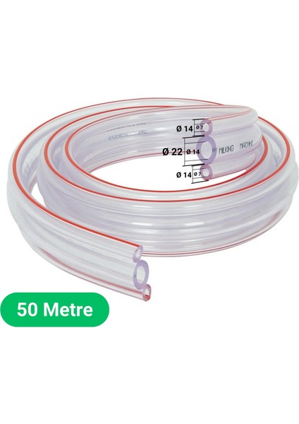 Süt Sağma Makinesi Üçlü Süt Hortumu Şeffaf - Kırmızı Çizgili (Ø14xØ22/Ø7xØ14 mm 50 Metre)