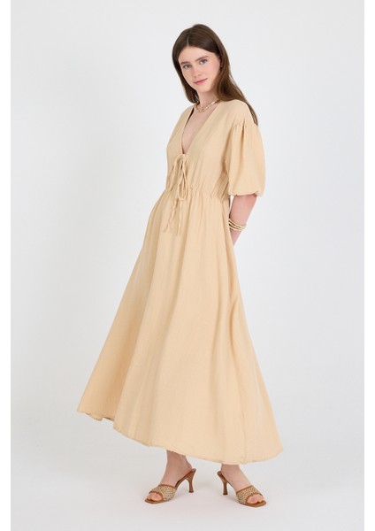Bej %100 Pamuk Ön Bağlama Detaylı Midi Elbise 4785A