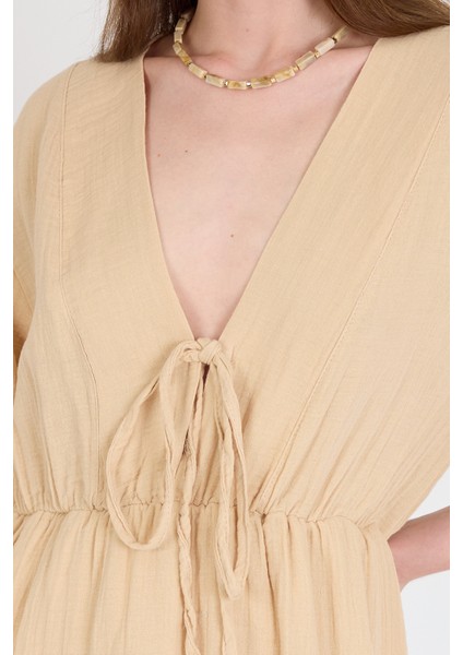 Bej %100 Pamuk Ön Bağlama Detaylı Midi Elbise 4785A fırsatları