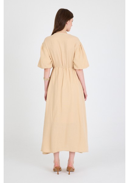 Bej %100 Pamuk Ön Bağlama Detaylı Midi Elbise 4785A indirimleri