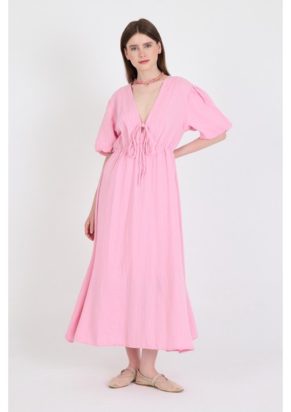 Pembe %100 Pamuk Ön Bağlama Detaylı Midi Elbise 4785A