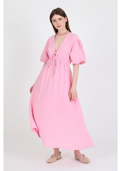 Pembe %100 Pamuk Ön Bağlama Detaylı Midi Elbise 4785A modelleri