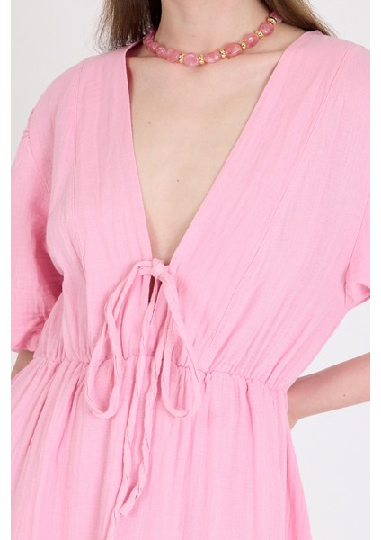 Pembe %100 Pamuk Ön Bağlama Detaylı Midi Elbise 4785A fırsatları