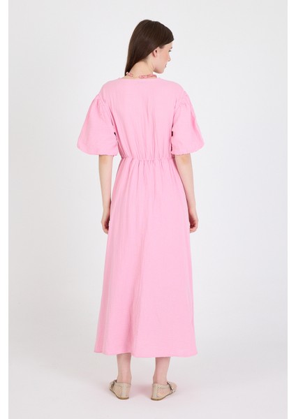 Pembe %100 Pamuk Ön Bağlama Detaylı Midi Elbise 4785A indirimleri