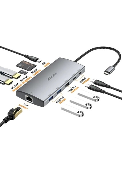 Macbook Uyumlu 11 Hub Çift Hdmı 8k Gigabit Ethernet USB 3.2 USB 3.0 10 Gbps Sd Tf Pd 100W Aluminyum