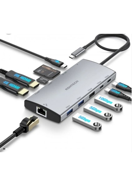 Macbook Uyumlu 11 Hub Çift Hdmı 8k Gigabit Ethernet USB 3.2 USB 3.0 10 Gbps Sd Tf Pd 100W Aluminyum