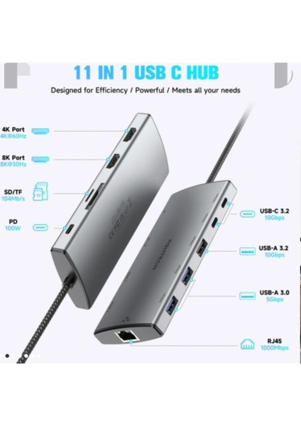 Macbook Uyumlu 11 Hub Çift Hdmı 8k Gigabit Ethernet USB 3.2 USB 3.0 10 Gbps Sd Tf Pd 100W Aluminyum
