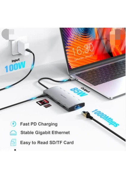 Macbook Uyumlu 11 Hub Çift Hdmı 8k Gigabit Ethernet USB 3.2 USB 3.0 10 Gbps Sd Tf Pd 100W Aluminyum