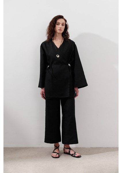 Keten Kruvaze Kapama Kimono Siyah