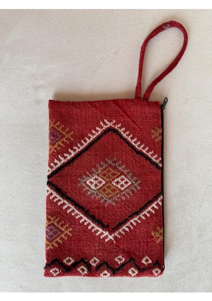 Pıtrak Desenli Kırmızı El Çantası, El Dokuma Kilimden Yapılan Kilim Çanta, Küçük Boy Şık ve Kullanışlı Çanta