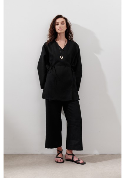 Keten Kruvaze Kapama Kimono Siyah fiyatları