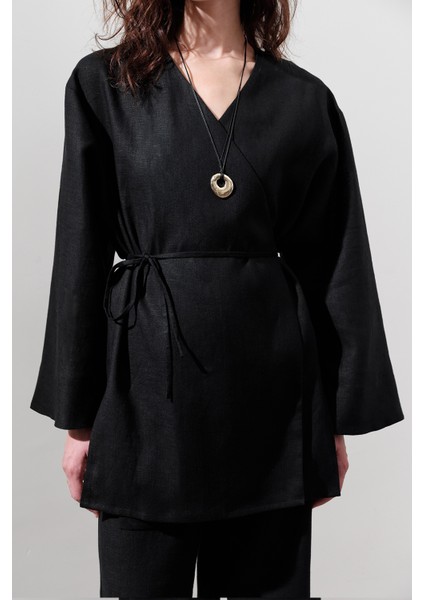 Keten Kruvaze Kapama Kimono Siyah modelleri