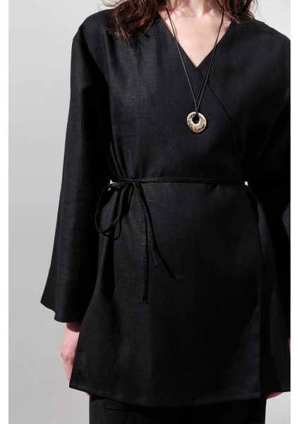Keten Kruvaze Kapama Kimono Siyah fırsatları
