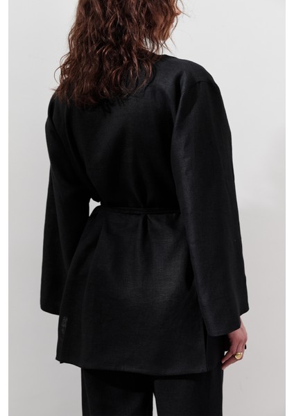 Keten Kruvaze Kapama Kimono Siyah indirimleri