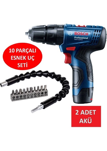 Çift Akülü Şarjlı Darbeli Matkap Seti, 10 Parça Esnek Vidalama Ucu, 30 cm