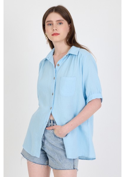 Bebe Mavi %100 Pamuk Kısa Kollu Cepli Gömlek 4787A
