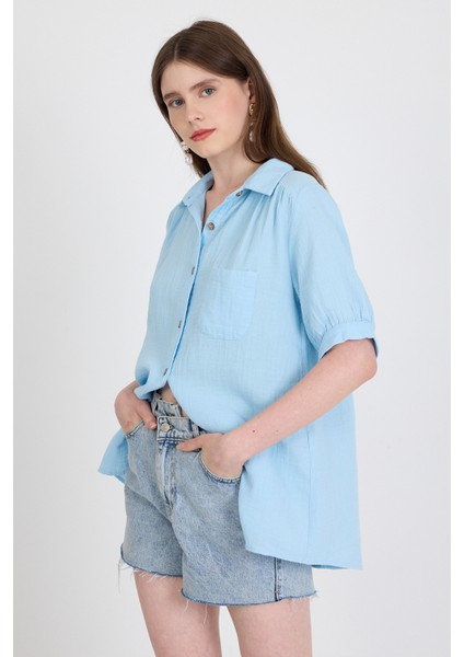 Bebe Mavi %100 Pamuk Kısa Kollu Cepli Gömlek 4787A fiyatları