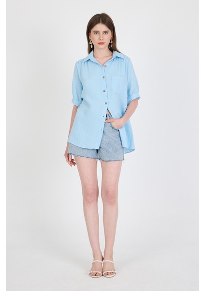 Bebe Mavi %100 Pamuk Kısa Kollu Cepli Gömlek 4787A modelleri