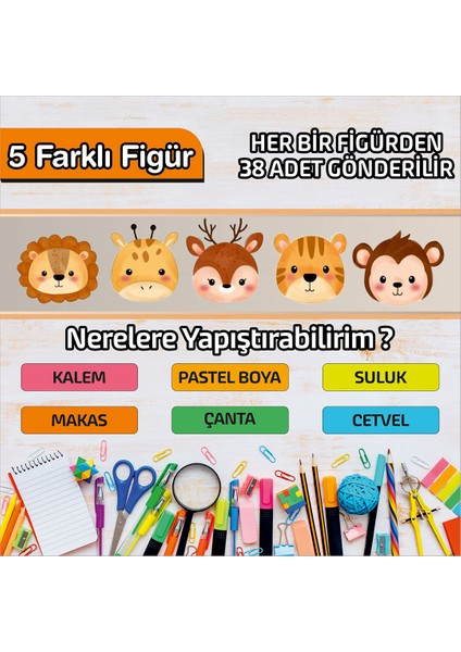 Okul Etiketi Isme Özel Kalem Defter Etiketi (Animal -2) -190 Adet modelleri
