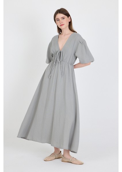 Gri %100 Pamuk Ön Bağlama Detaylı Midi Elbise 4785A fiyatları