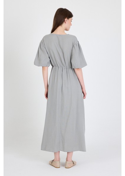 Gri %100 Pamuk Ön Bağlama Detaylı Midi Elbise 4785A indirimleri