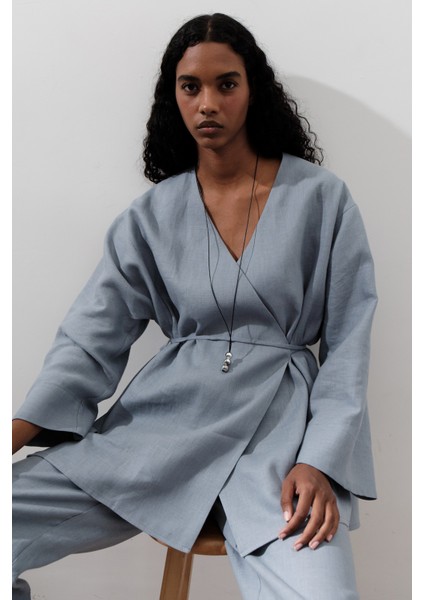 Keten Kruvaze Kapama Kimono Mavi