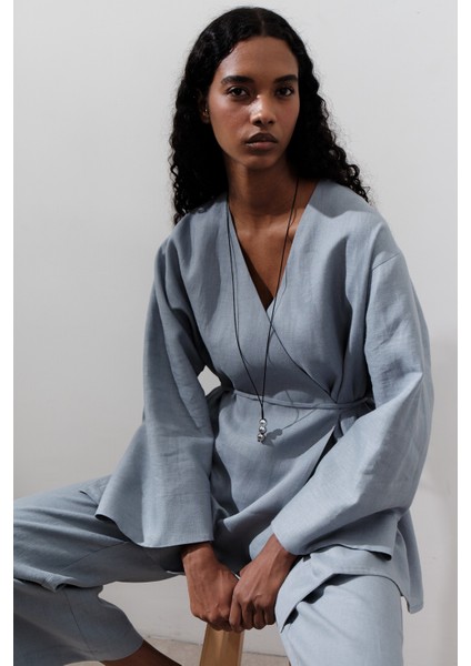 Keten Kruvaze Kapama Kimono Mavi fiyatları