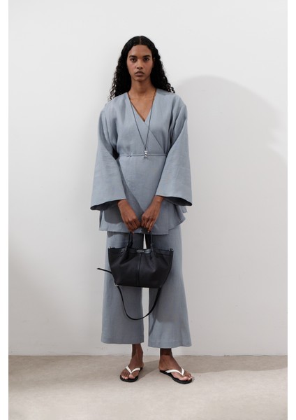 Keten Kruvaze Kapama Kimono Mavi modelleri