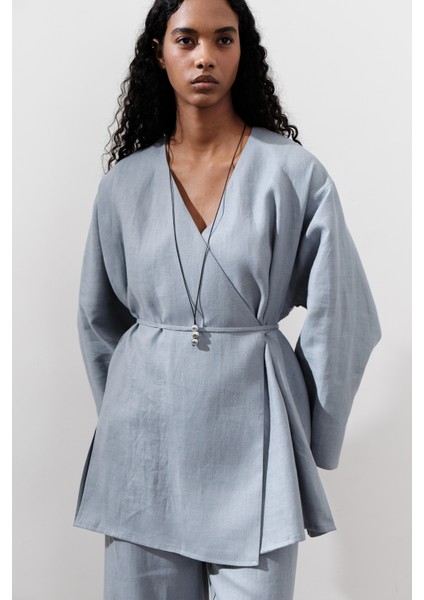 Keten Kruvaze Kapama Kimono Mavi indirimleri