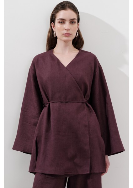 Keten Kruvaze Kapama Kimono Mürdüm