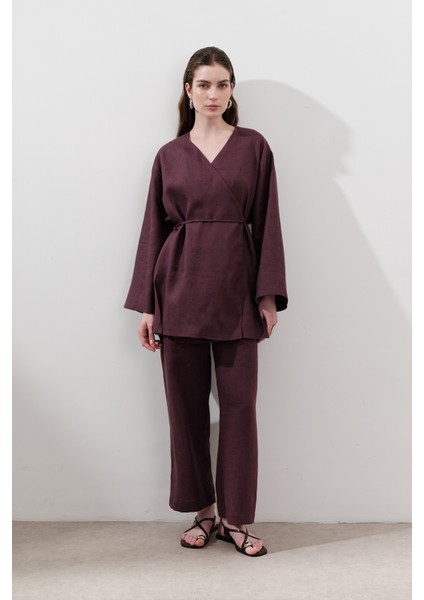 Keten Kruvaze Kapama Kimono Mürdüm fiyatları