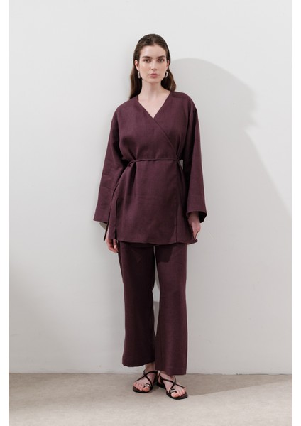 Keten Kruvaze Kapama Kimono Mürdüm modelleri