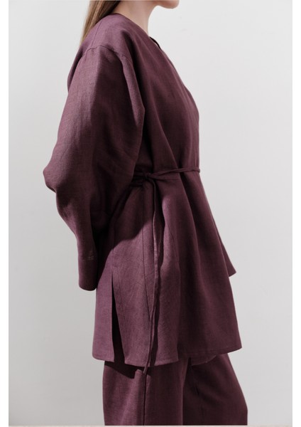 Keten Kruvaze Kapama Kimono Mürdüm fırsatları