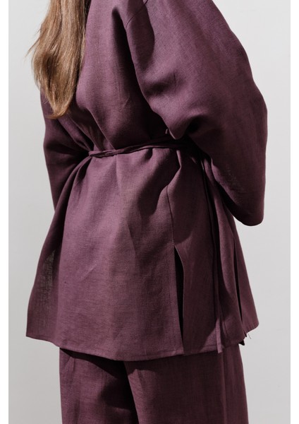 Keten Kruvaze Kapama Kimono Mürdüm indirimleri