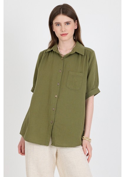 Haki %100 Pamuk Kısa Kollu Cepli Gömlek 4787A